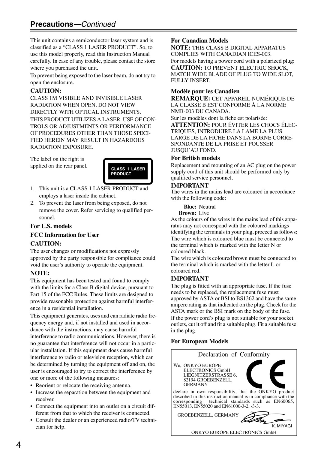 Onkyo CR-325 Precautions-Continued, Declaration of Conformity, For U.S. models FCC Information for User, Brown Live 