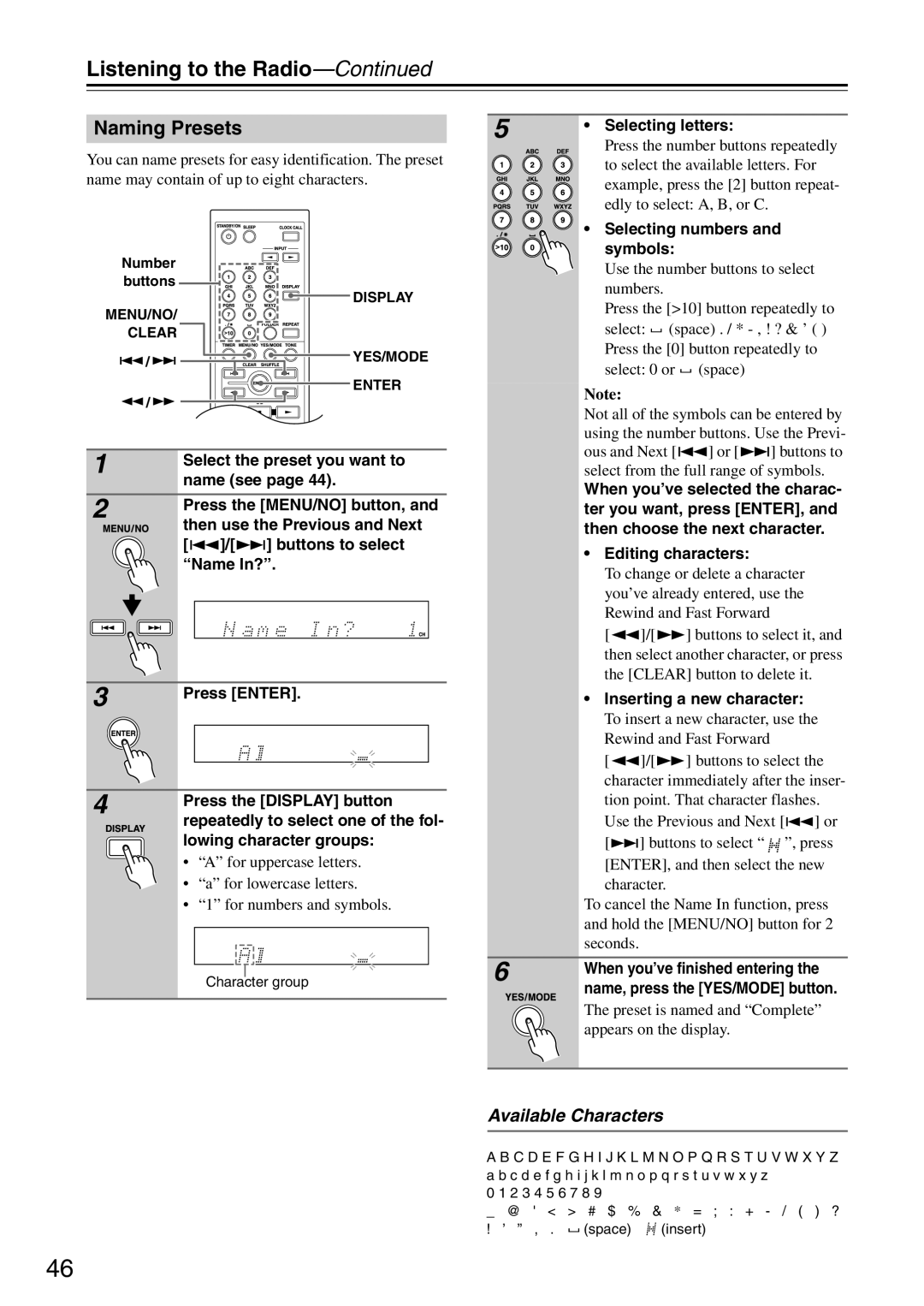 Onkyo CR-325, CR-525 instruction manual Naming Presets, Available Characters, Listening to the Radio-Continued, Press ENTER 