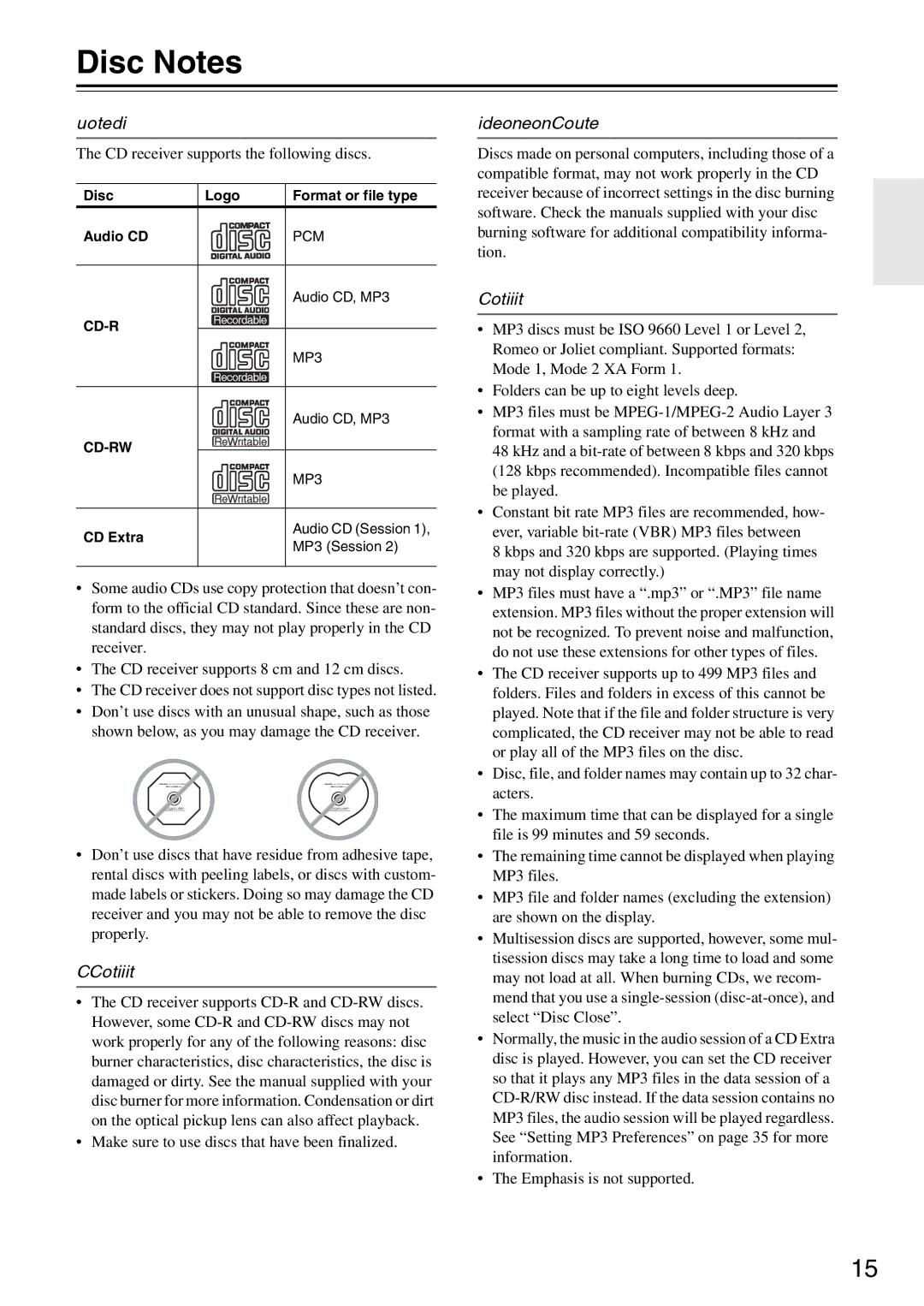 Onkyo CR-325UKD Disc Notes, Supported Discs, CD-R/RW Compatibility, Discs Made on Personal Computers, MP3 Compatibility 