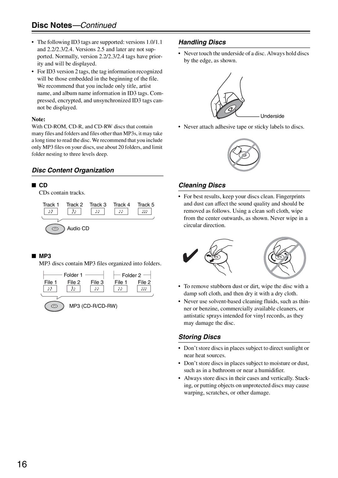 Onkyo CR-425UKD, CR-325UKD, CR-525UKD Disc Notes, Disc Content Organization, Handling Discs, Cleaning Discs, Storing Discs 