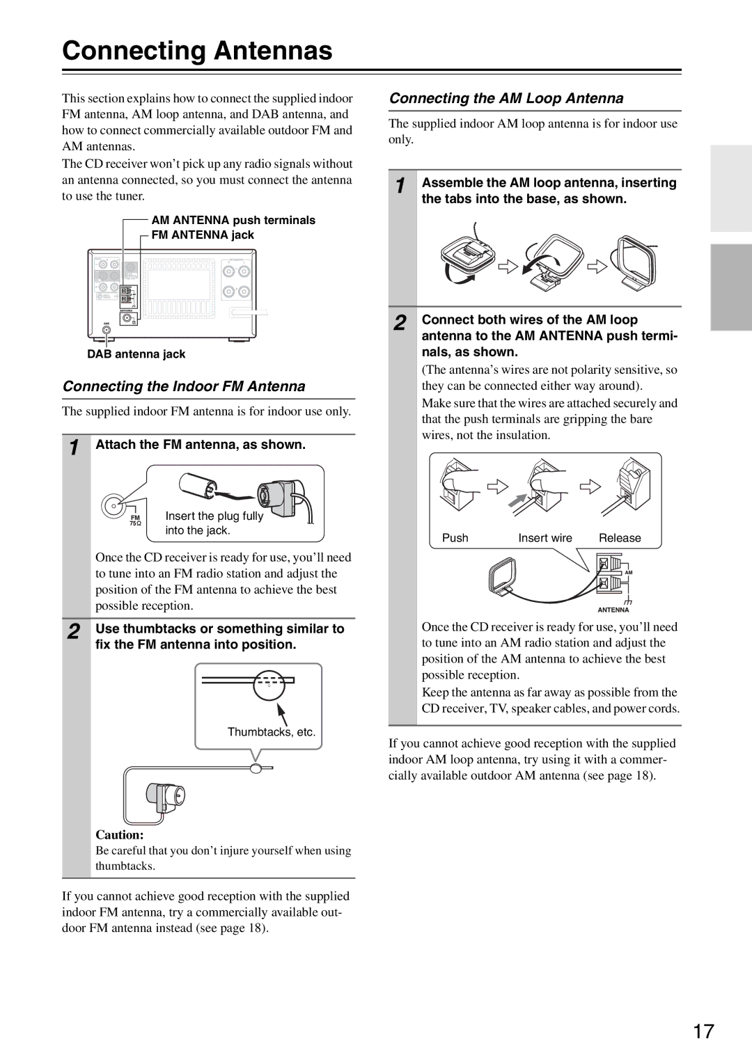 Onkyo CR-525UKD, CR-325UKD, CR-425UKD Connecting Antennas, Connecting the AM Loop Antenna, Connecting the Indoor FM Antenna 