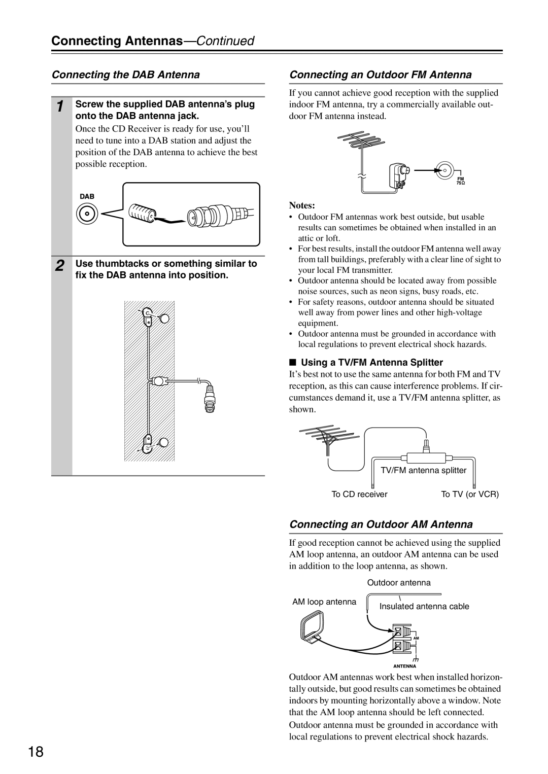 Onkyo CR-325UKD, CR-425UKD, CR-525UKD Connecting Antennas, Connecting the DAB Antenna, Connecting an Outdoor FM Antenna 