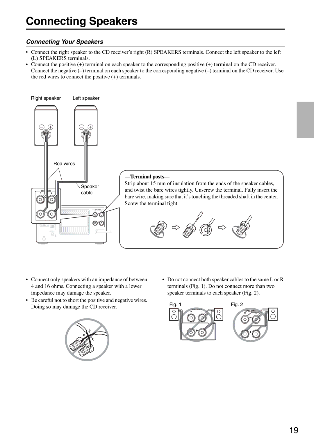 Onkyo CR-425UKD, CR-325UKD, CR-525UKD instruction manual Connecting Speakers, Connecting Your Speakers, Terminal posts 