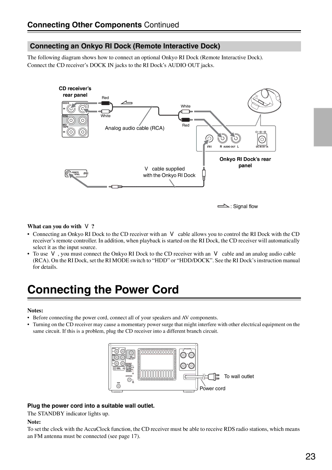 Onkyo CR-525UKD, CR-325UKD, CR-425UKD Connecting the Power Cord, Connecting an Onkyo RI Dock Remote Interactive Dock 