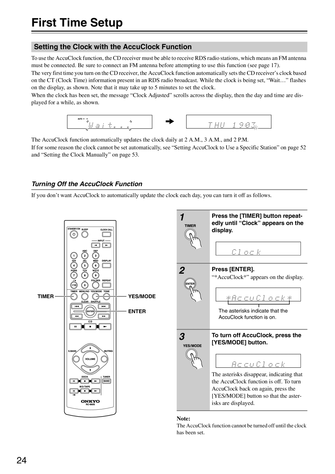 Onkyo CR-325UKD First Time Setup, Setting the Clock with the AccuClock Function, Turning Off the AccuClock Function 