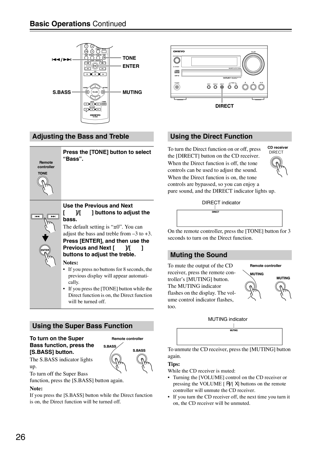 Onkyo CR-525UKD Basic Operations, Adjusting the Bass and Treble, Using the Super Bass Function, Using the Direct Function 