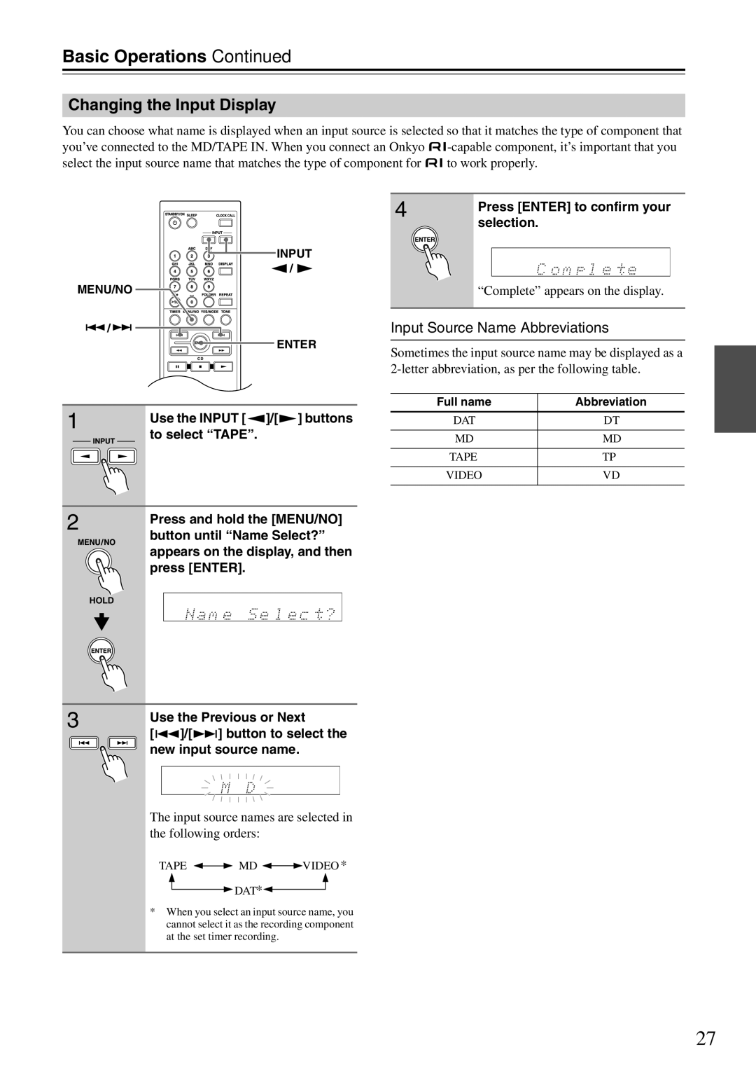 Onkyo CR-325UKD, CR-425UKD, CR-525UKD instruction manual Changing the Input Display, Input Source Name Abbreviations 