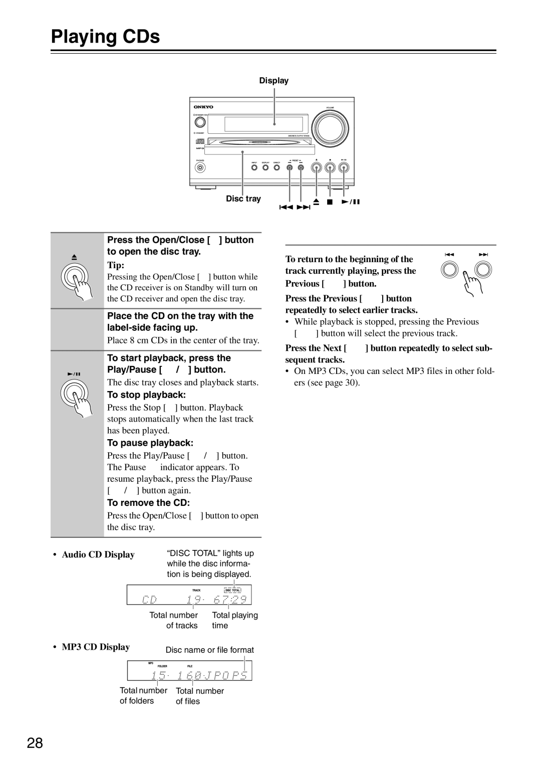 Onkyo CR-425UKD, CR-325UKD, CR-525UKD instruction manual Playing CDs, Selecting Tracks 