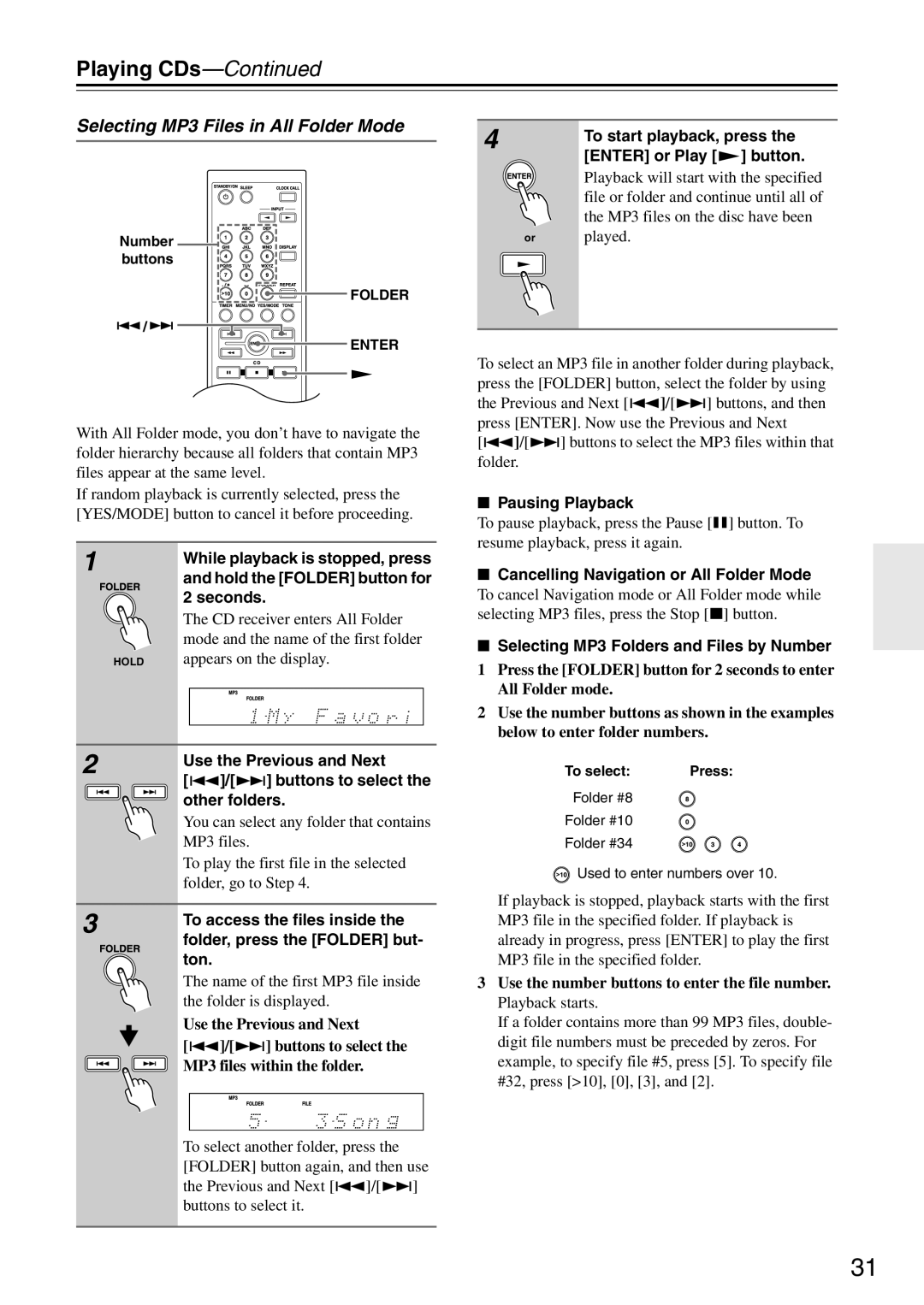 Onkyo CR-425UKD, CR-325UKD, CR-525UKD instruction manual Selecting MP3 Files in All Folder Mode 