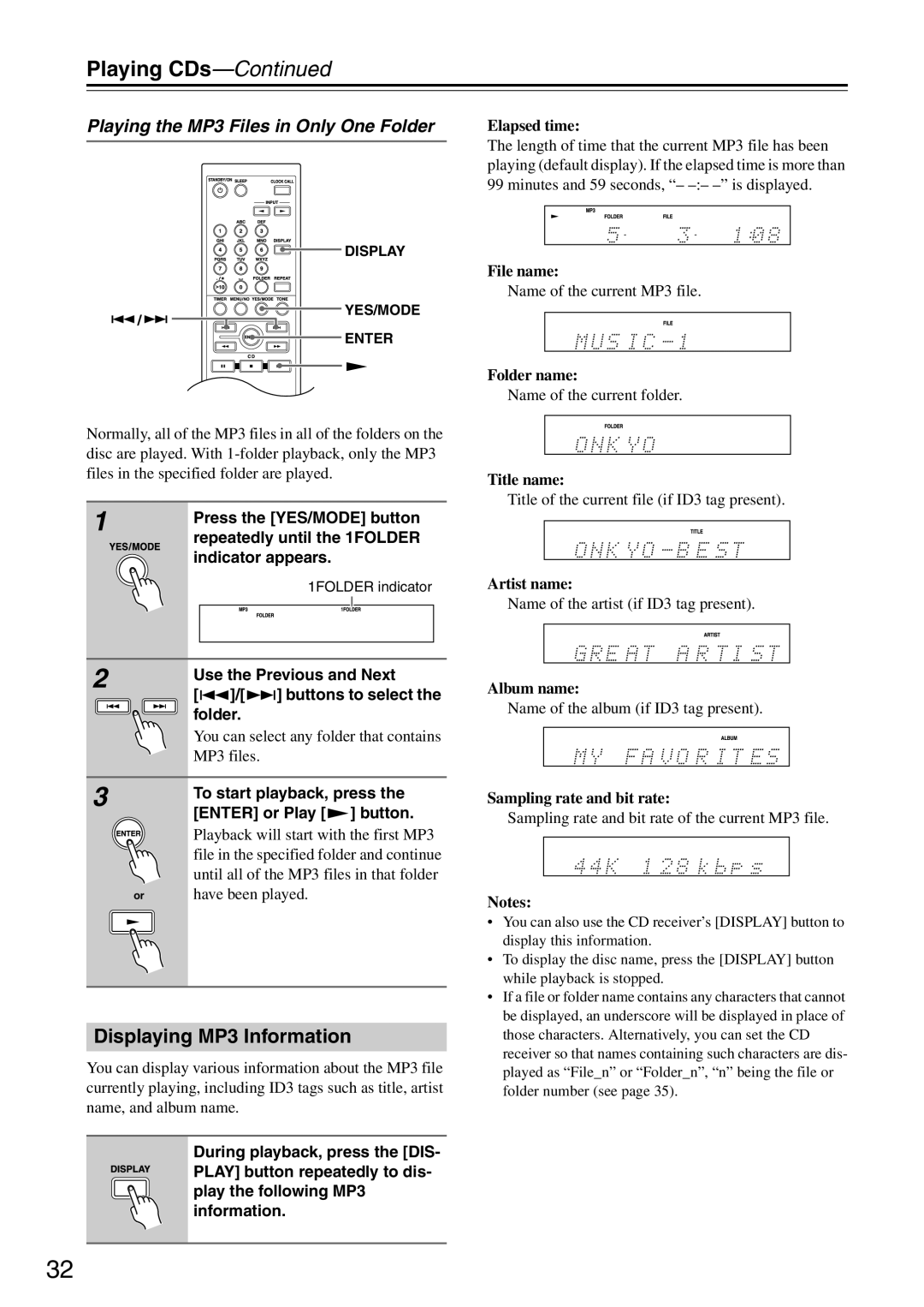 Onkyo CR-525UKD, CR-325UKD, CR-425UKD instruction manual Displaying MP3 Information, Playing the MP3 Files in Only One Folder 