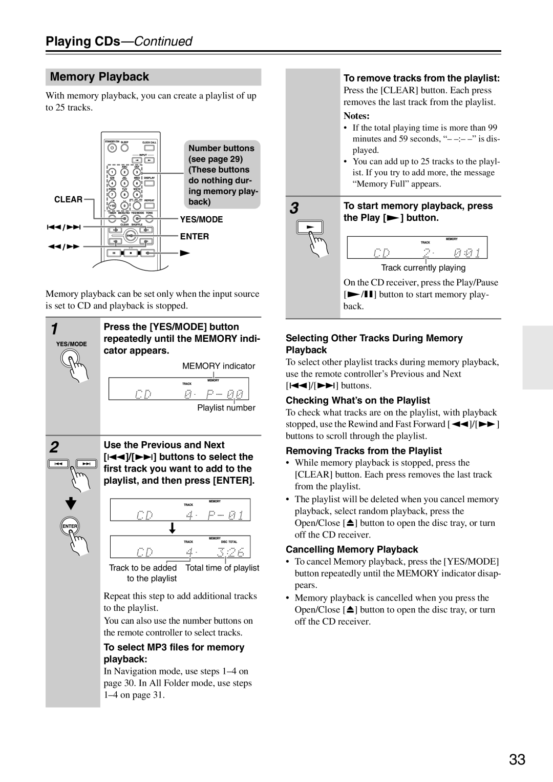 Onkyo CR-325UKD, CR-425UKD, CR-525UKD instruction manual Memory Playback 