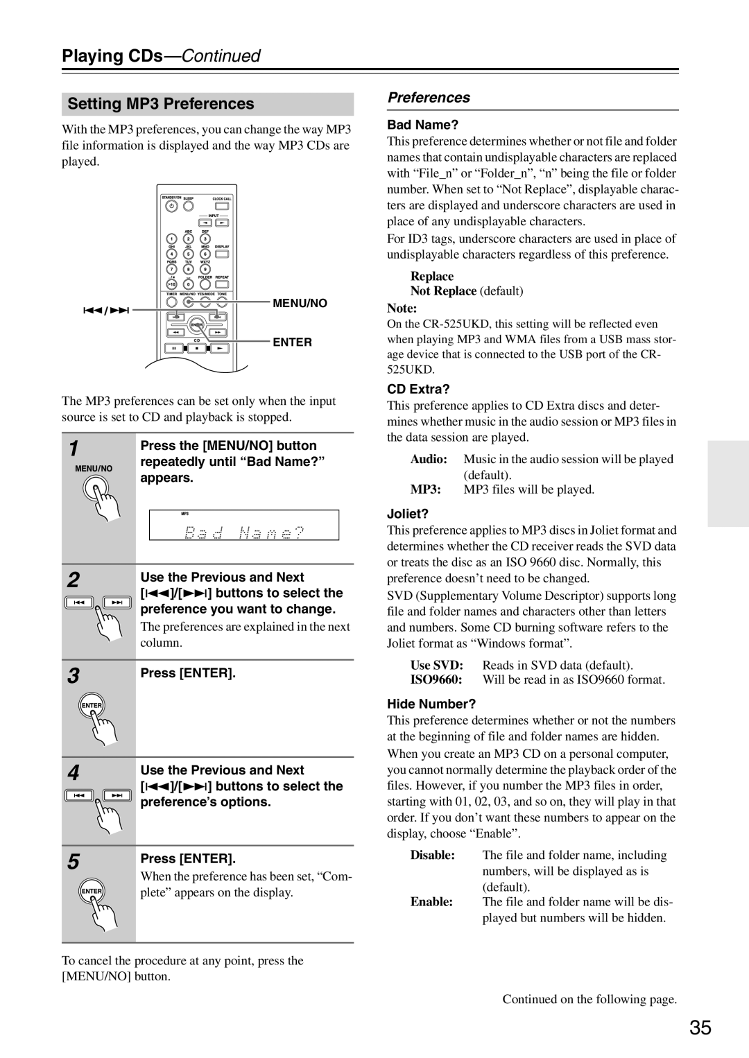 Onkyo CR-525UKD, CR-325UKD, CR-425UKD instruction manual Setting MP3 Preferences 