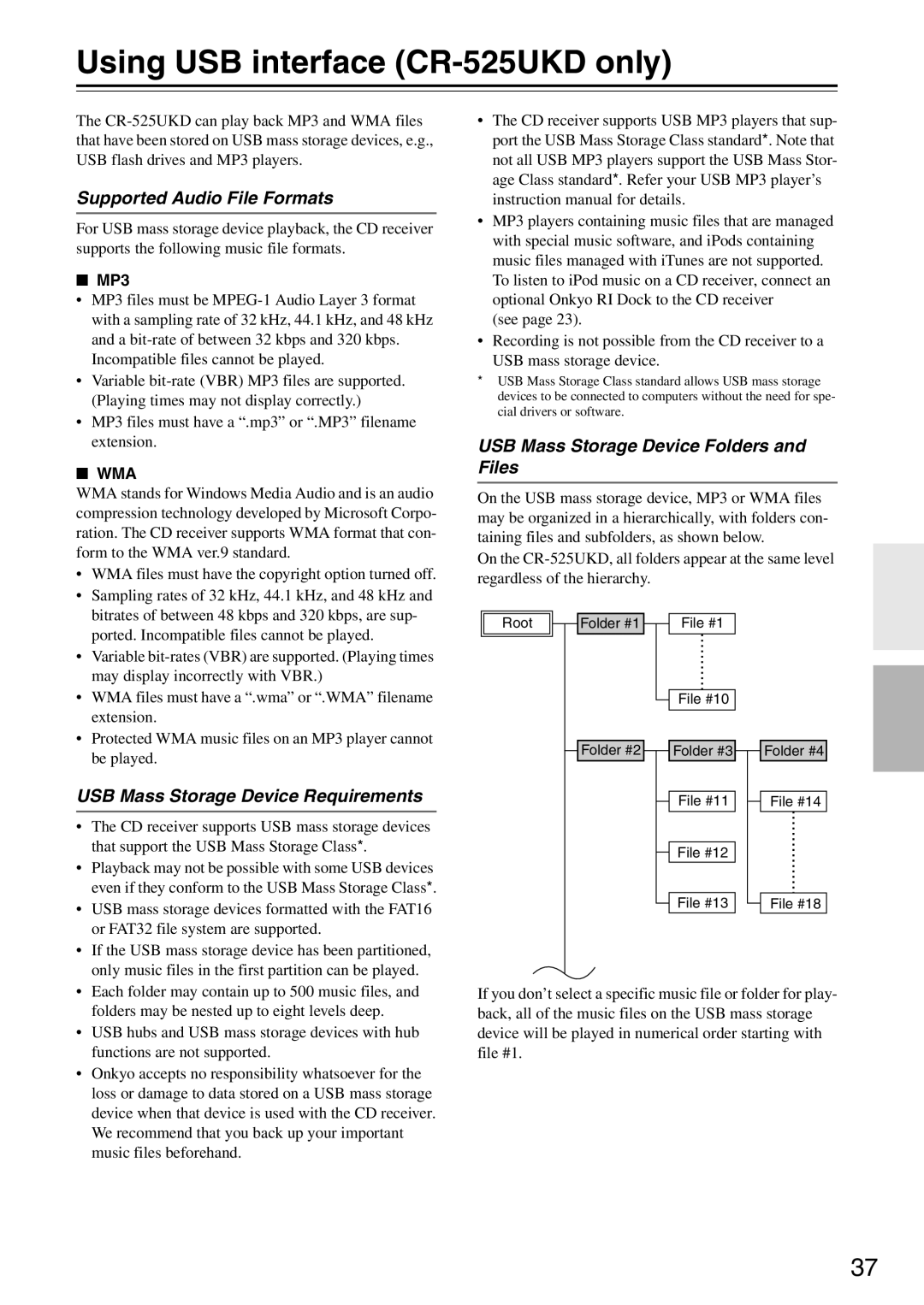 Onkyo CR-425UKD Using USB interface CR-525UKD only, Supported Audio File Formats, USB Mass Storage Device Requirements 