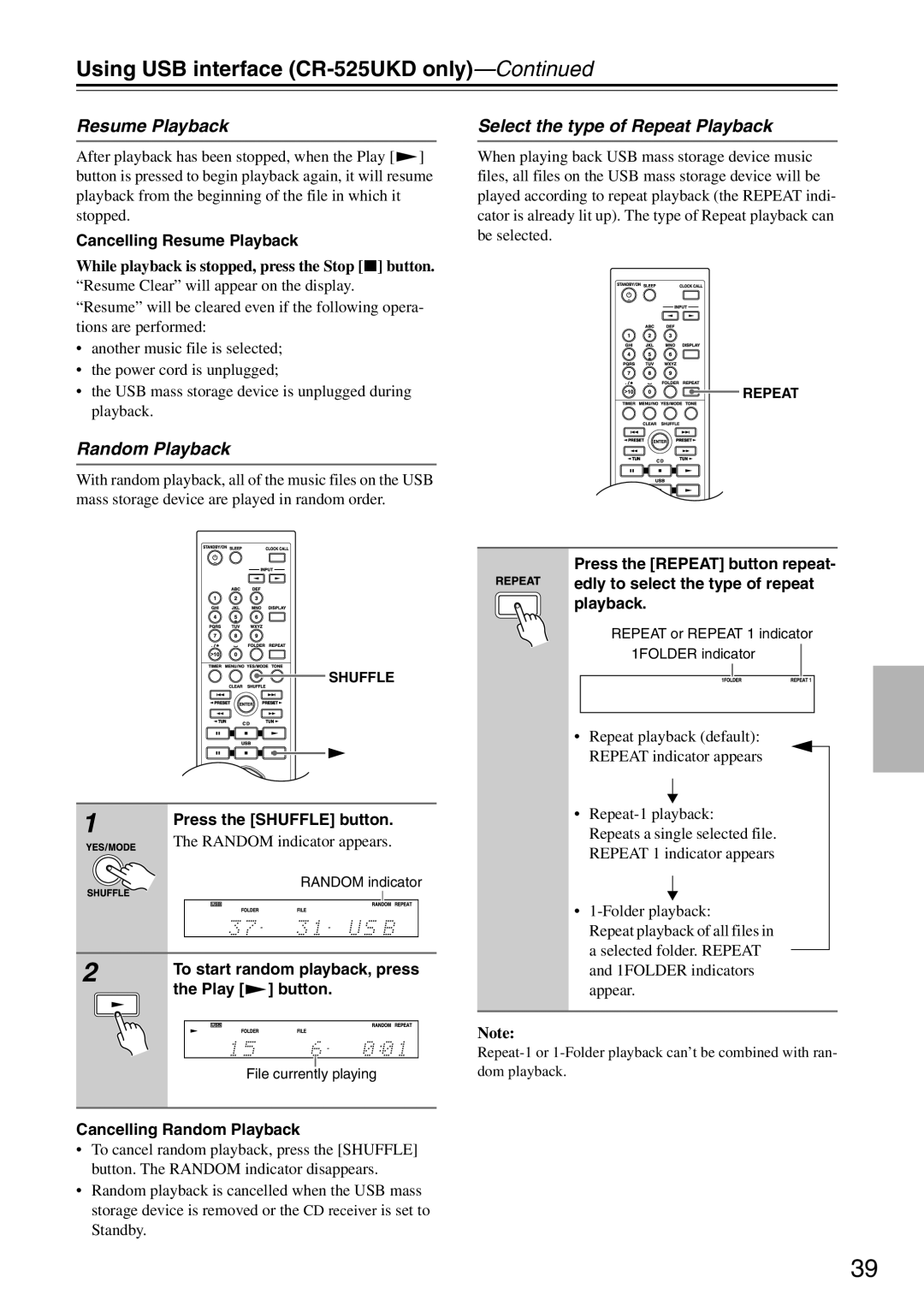 Onkyo CR-325UKD, CR-425UKD, CR-525UKD Random Playback, Select the type of Repeat Playback, Cancelling Resume Playback 