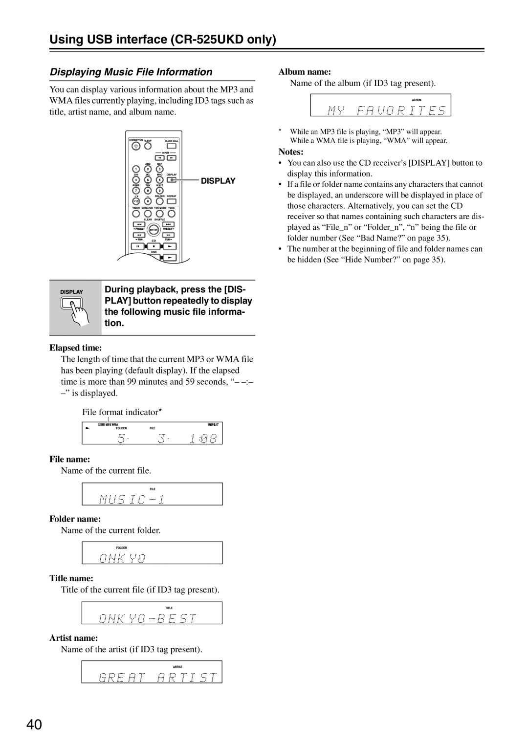 Onkyo CR-425UKD, CR-325UKD, CR-525UKD instruction manual Displaying Music File Information, Elapsed time 