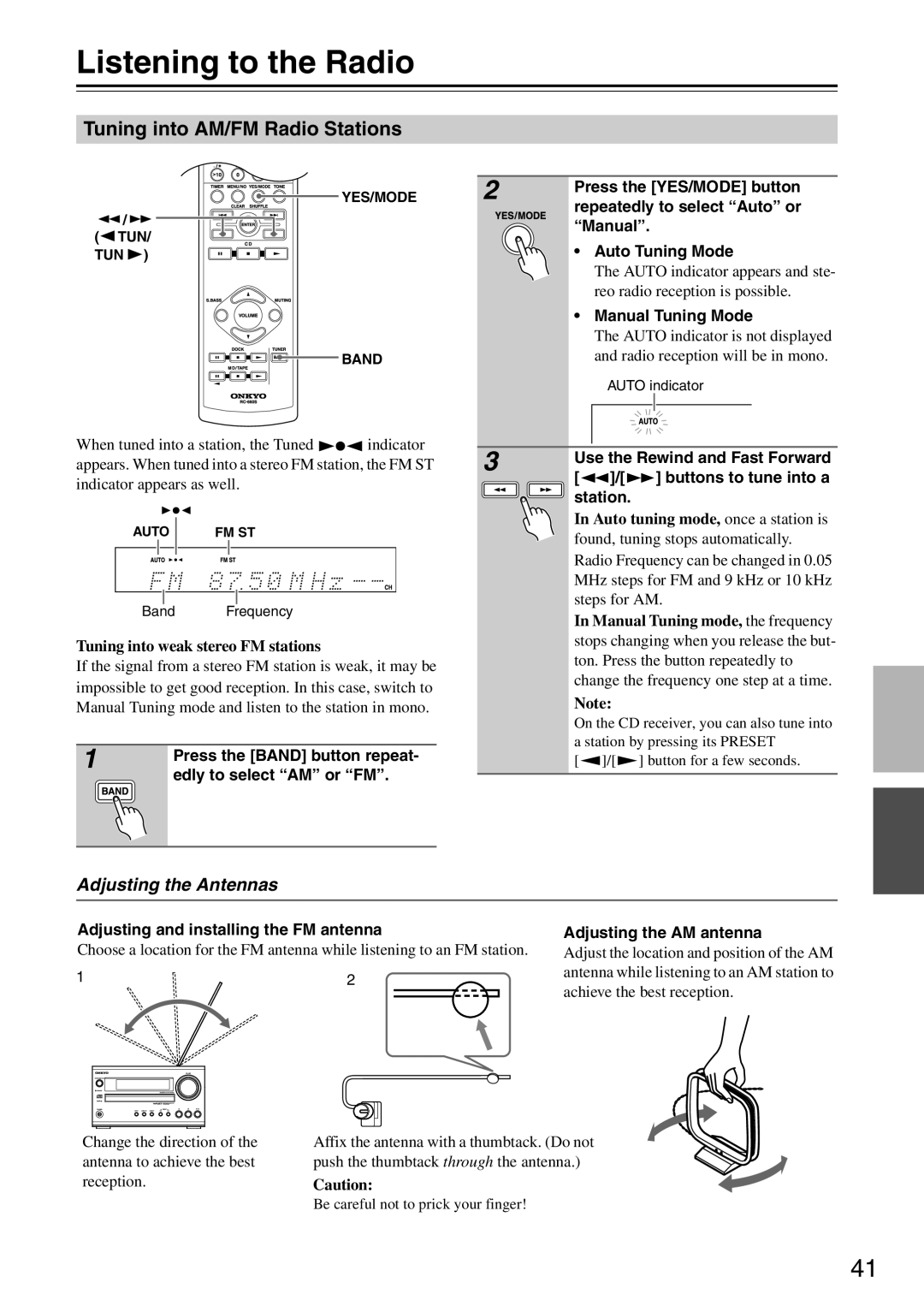 Onkyo CR-525UKD, CR-325UKD, CR-425UKD Listening to the Radio, Tuning into AM/FM Radio Stations, Adjusting the Antennas 