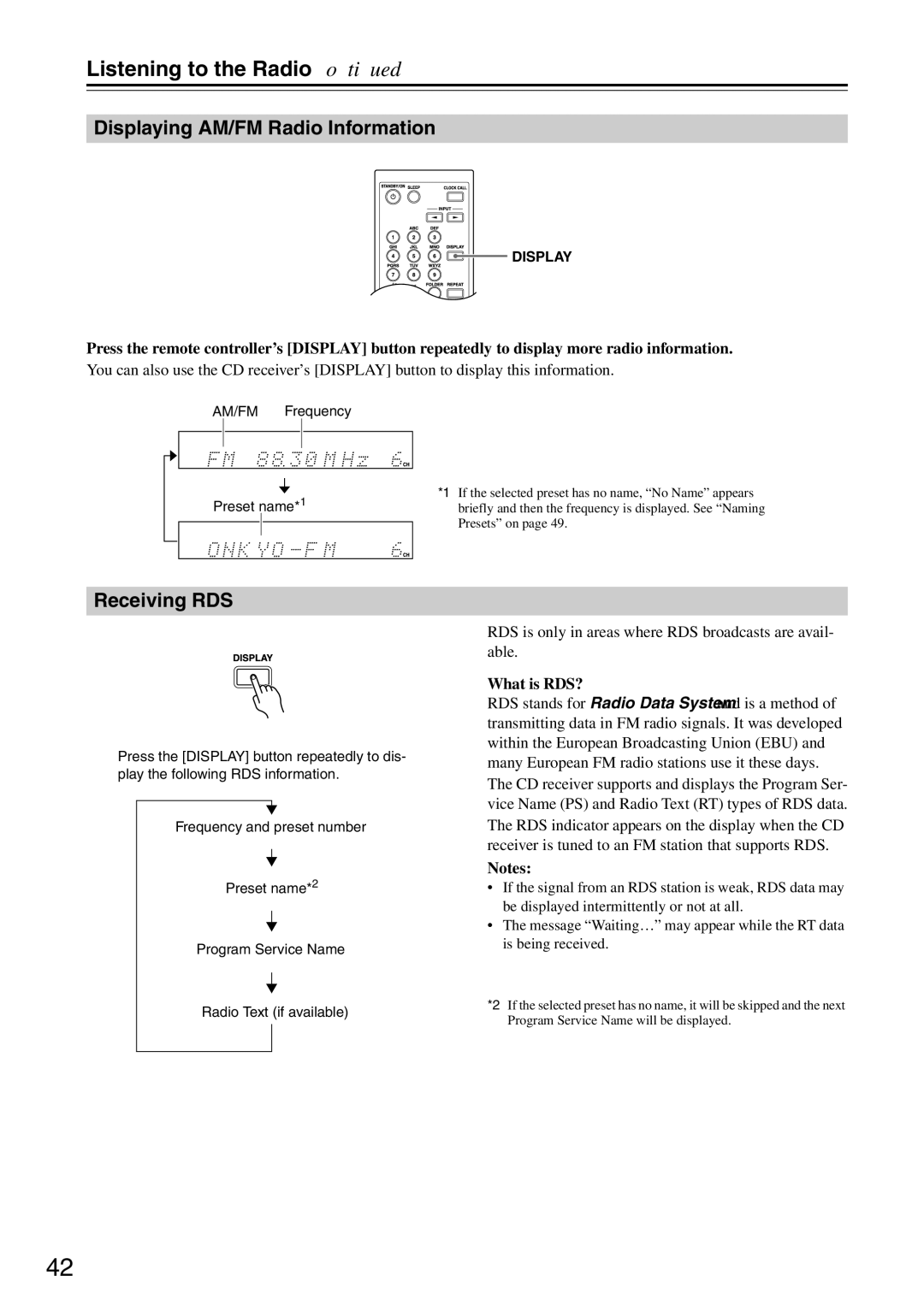 Onkyo CR-325UKD, CR-425UKD Listening to the Radio, Displaying AM/FM Radio Information, Receiving RDS, What is RDS? 