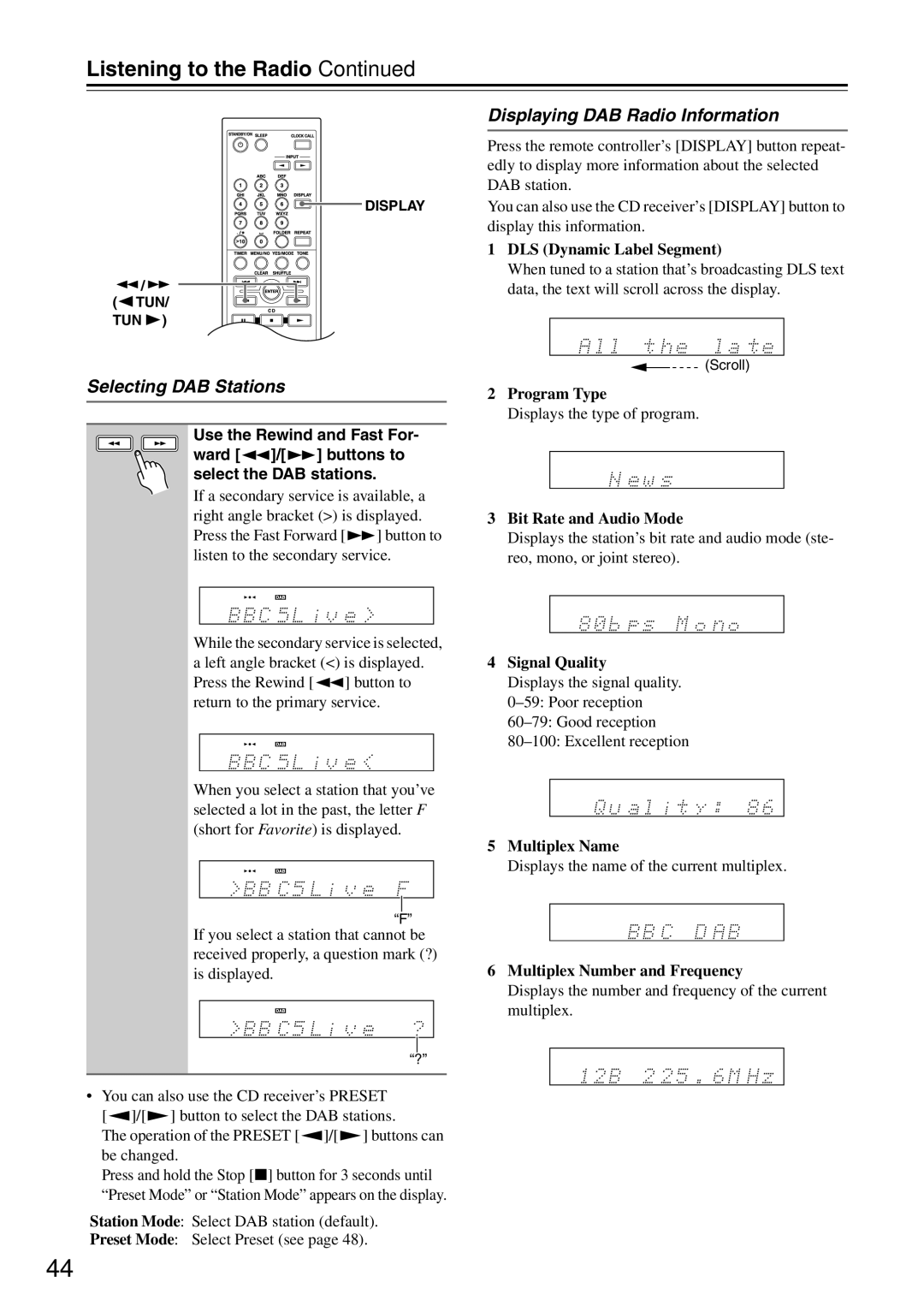 Onkyo CR-525UKD, CR-325UKD, CR-425UKD instruction manual Selecting DAB Stations, Displaying DAB Radio Information 