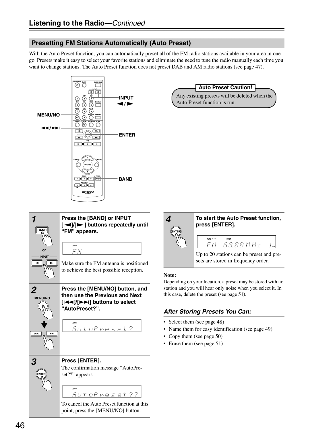 Onkyo CR-425UKD, CR-325UKD, CR-525UKD Presetting FM Stations Automatically Auto Preset, After Storing Presets You Can 