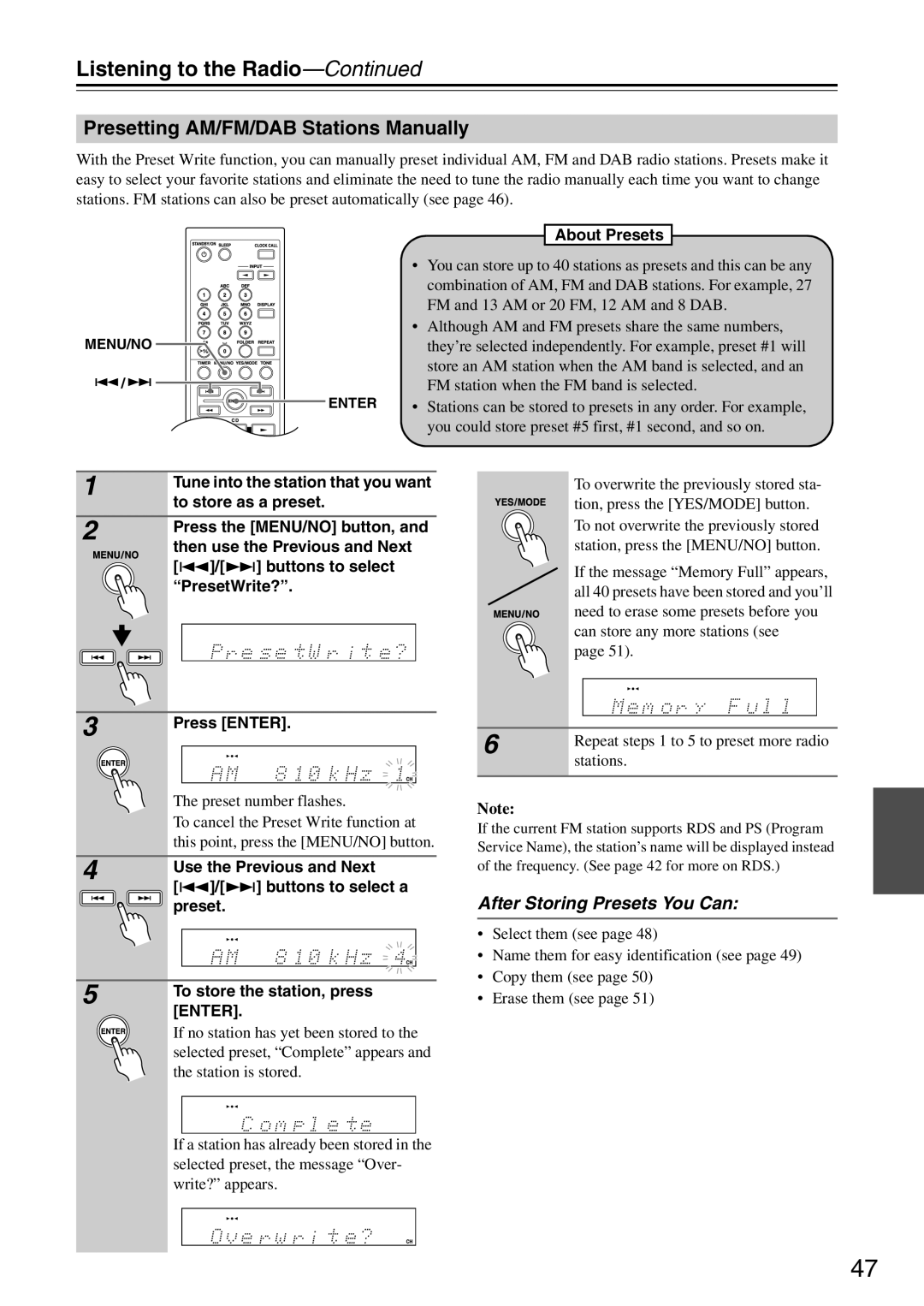 Onkyo CR-525UKD, CR-325UKD, CR-425UKD instruction manual Presetting AM/FM/DAB Stations Manually, About Presets 