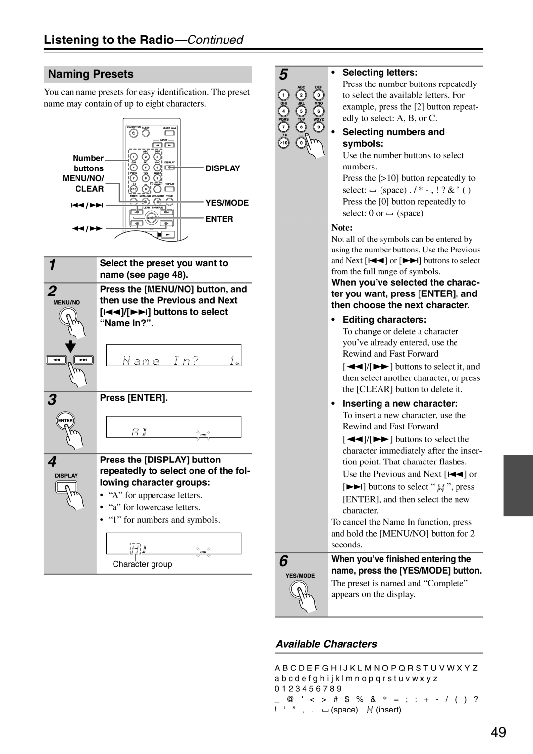Onkyo CR-425UKD, CR-325UKD, CR-525UKD instruction manual Naming Presets, Available Characters 