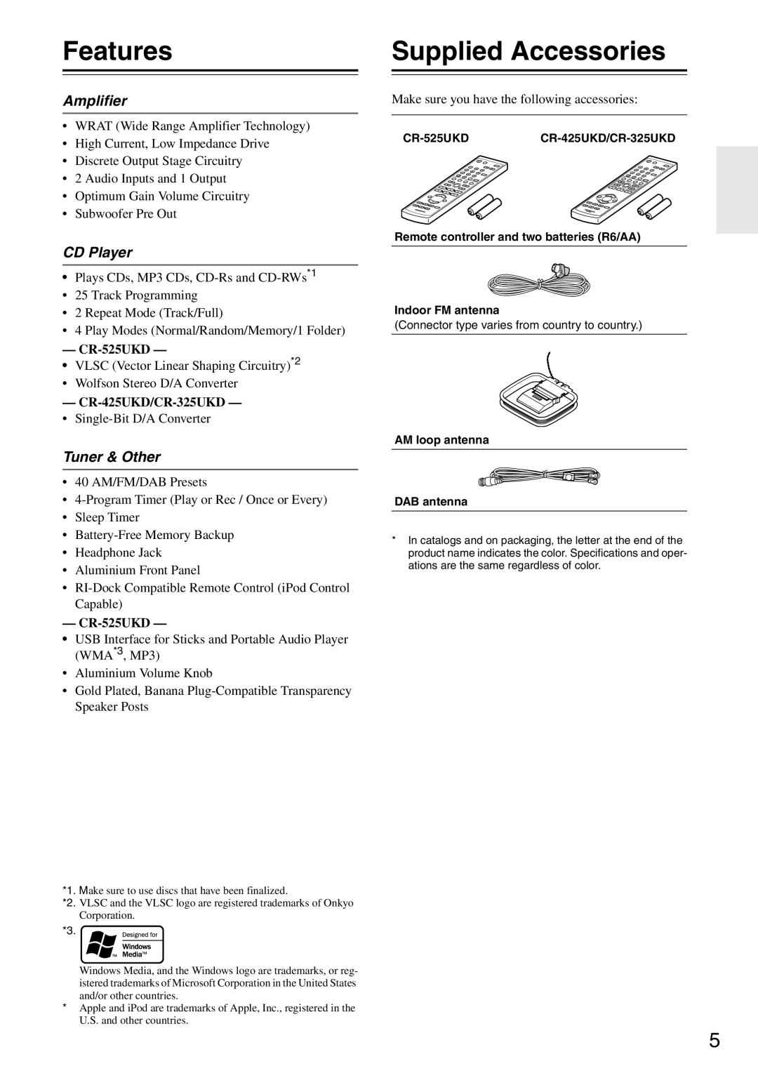 Onkyo CR-525UKD, CR-325UKD, CR-425UKD instruction manual Features, Supplied Accessories, Amplifier, CD Player, Tuner & Other 