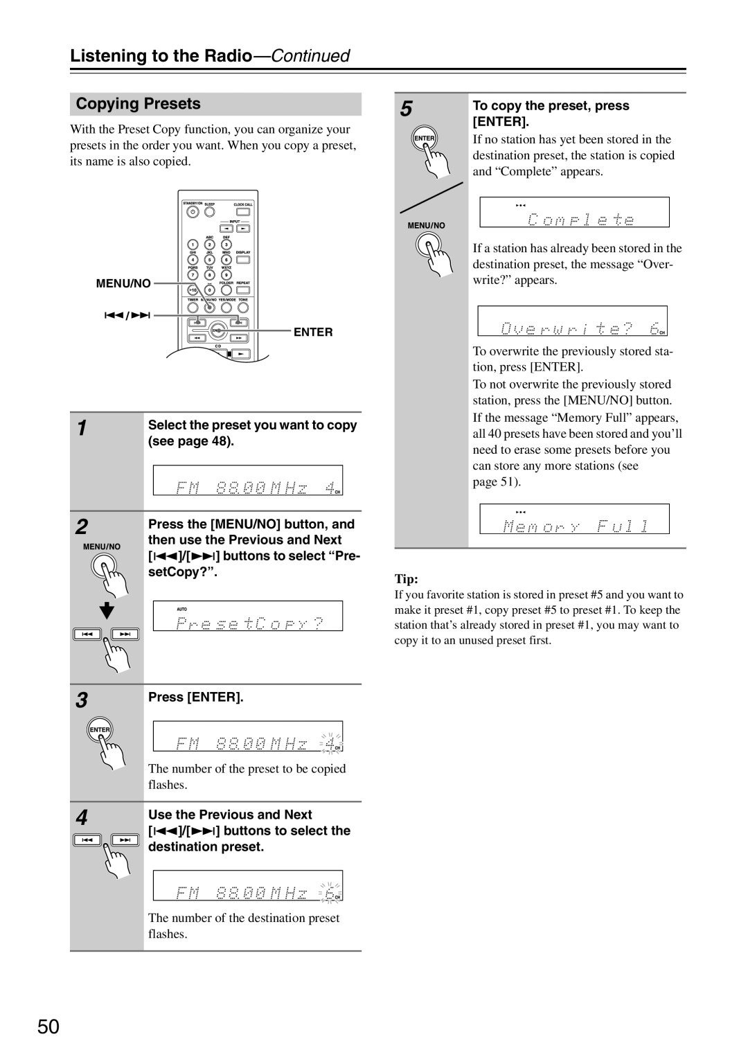 Onkyo CR-525UKD, CR-325UKD, CR-425UKD instruction manual Copying Presets 