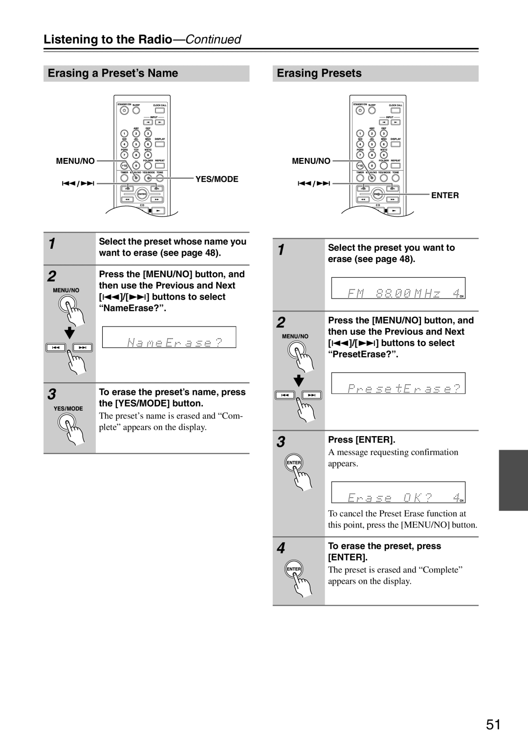 Onkyo CR-325UKD, CR-425UKD, CR-525UKD Erasing a Preset’s Name Erasing Presets, To erase the preset, press Enter 