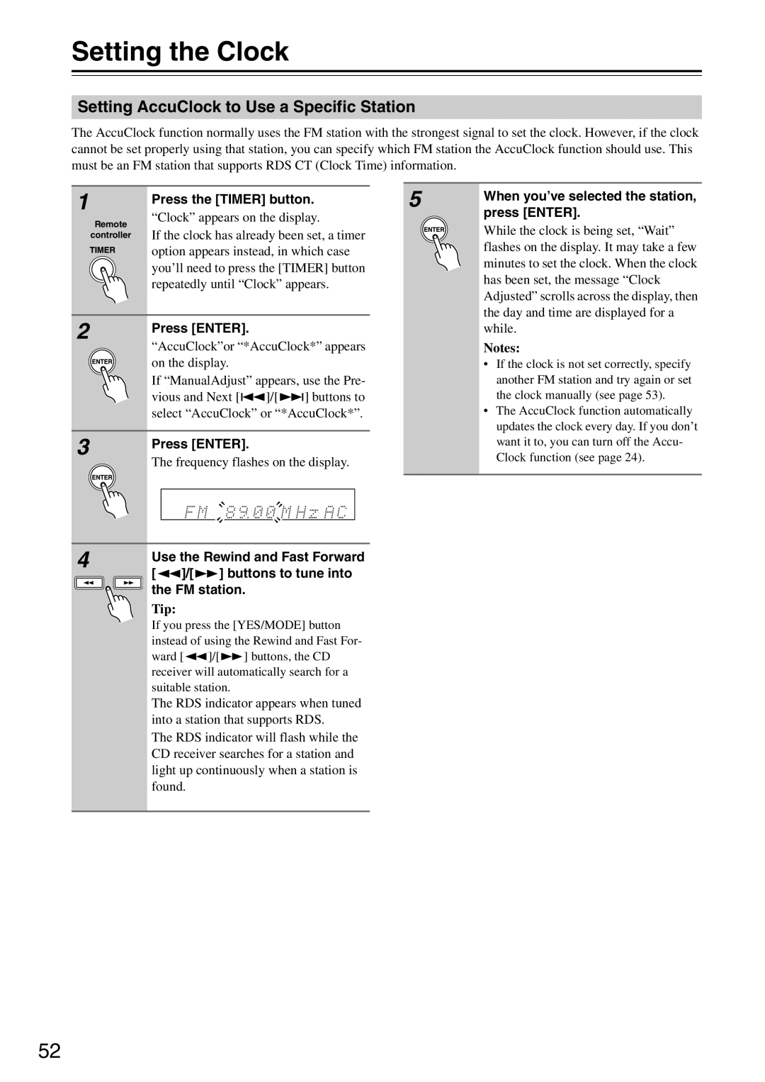 Onkyo CR-425UKD, CR-325UKD, CR-525UKD instruction manual Setting the Clock, Setting AccuClock to Use a Specific Station 