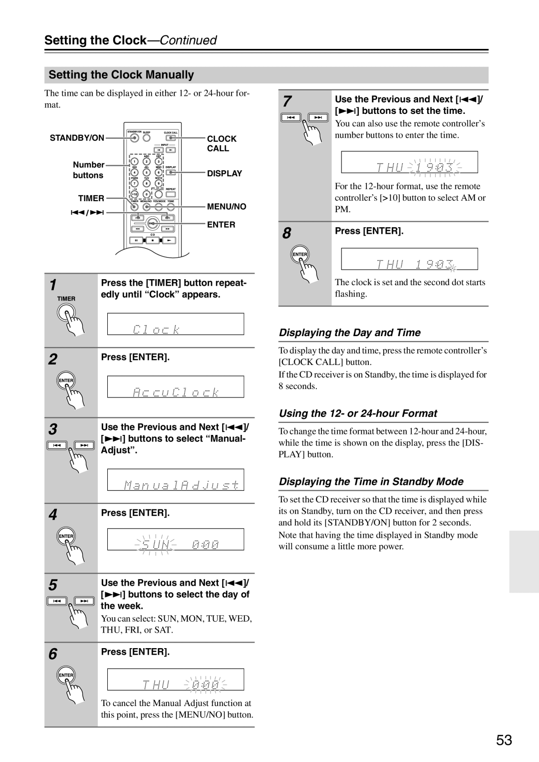 Onkyo CR-525UKD, CR-325UKD Setting the Clock Manually, Displaying the Day and Time, Using the 12- or 24-hour Format 