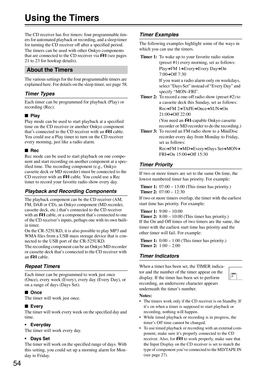 Onkyo CR-325UKD, CR-425UKD, CR-525UKD instruction manual Using the Timers, About the Timers 