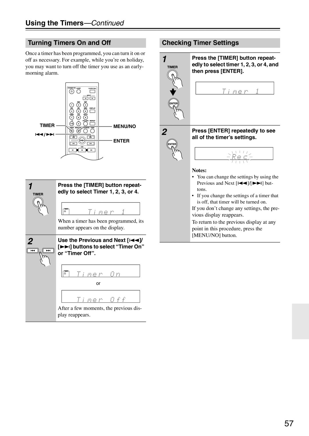 Onkyo CR-325UKD, CR-425UKD, CR-525UKD Turning Timers On and Off, Checking Timer Settings, Press Enter repeatedly to see 