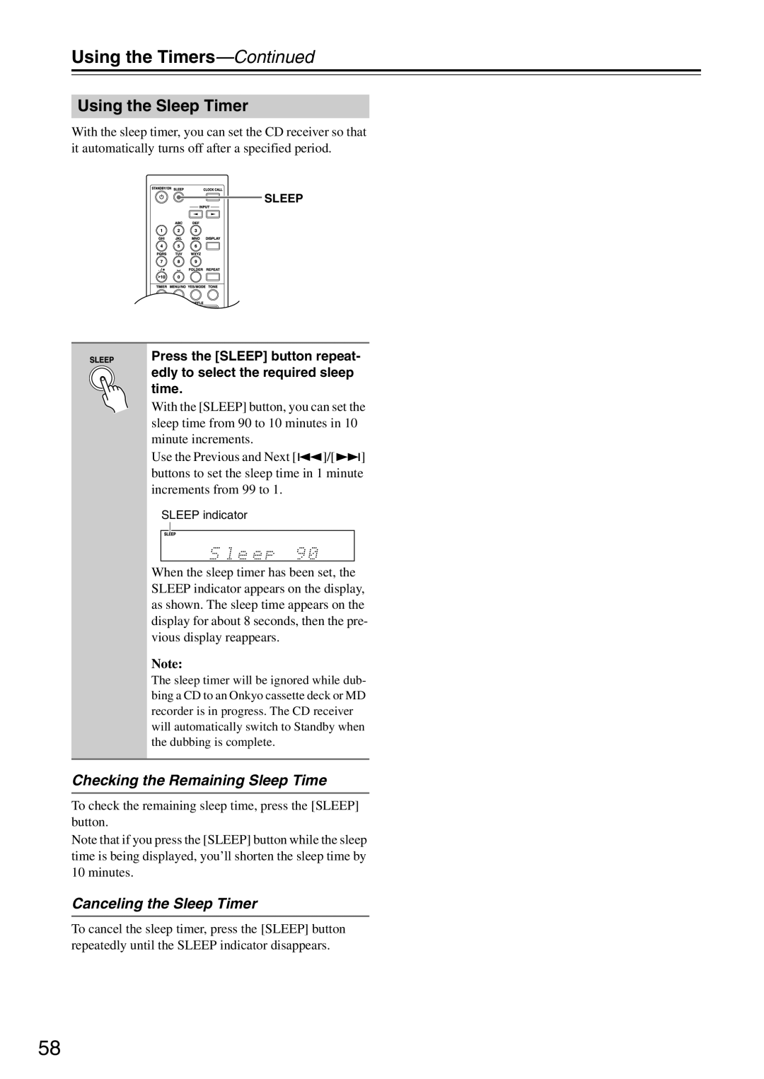 Onkyo CR-425UKD, CR-325UKD, CR-525UKD Using the Sleep Timer, Checking the Remaining Sleep Time, Canceling the Sleep Timer 