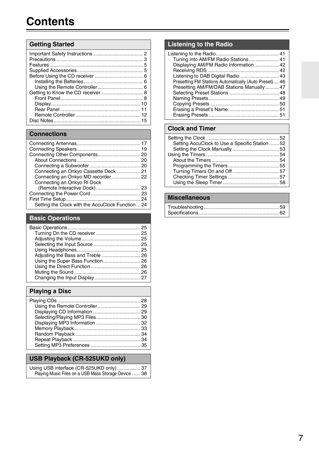 Onkyo CR-425UKD, CR-325UKD, CR-525UKD instruction manual Contents 