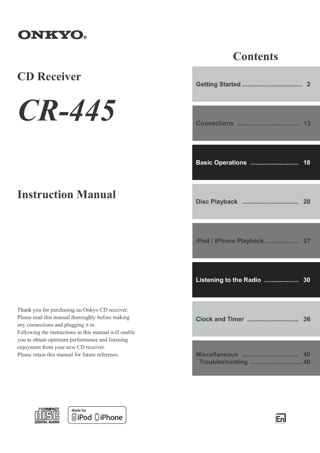 Onkyo CR-445 instruction manual 