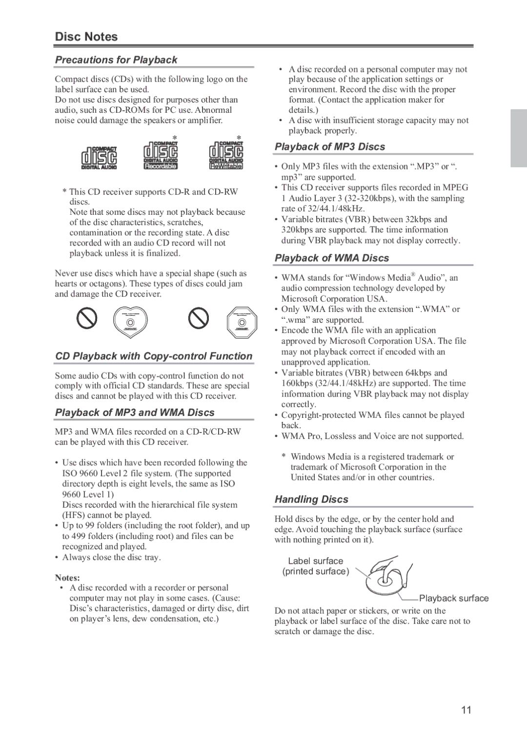 Onkyo CR-445 instruction manual Disc Notes 