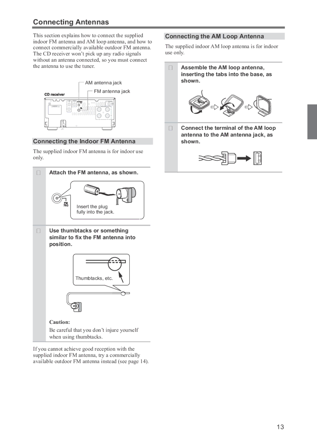 Onkyo CR-445 instruction manual Connecting Antennas, Connecting the Indoor FM Antenna, Connecting the AM Loop Antenna 