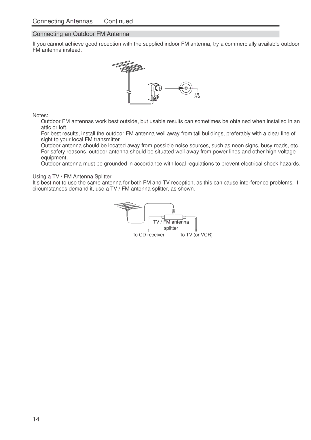 Onkyo CR-445 instruction manual Connecting Antennas, Connecting an Outdoor FM Antenna, Using a TV / FM Antenna Splitter 