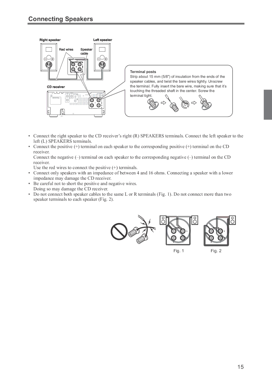 Onkyo CR-445 instruction manual Connecting Speakers, Terminal posts 