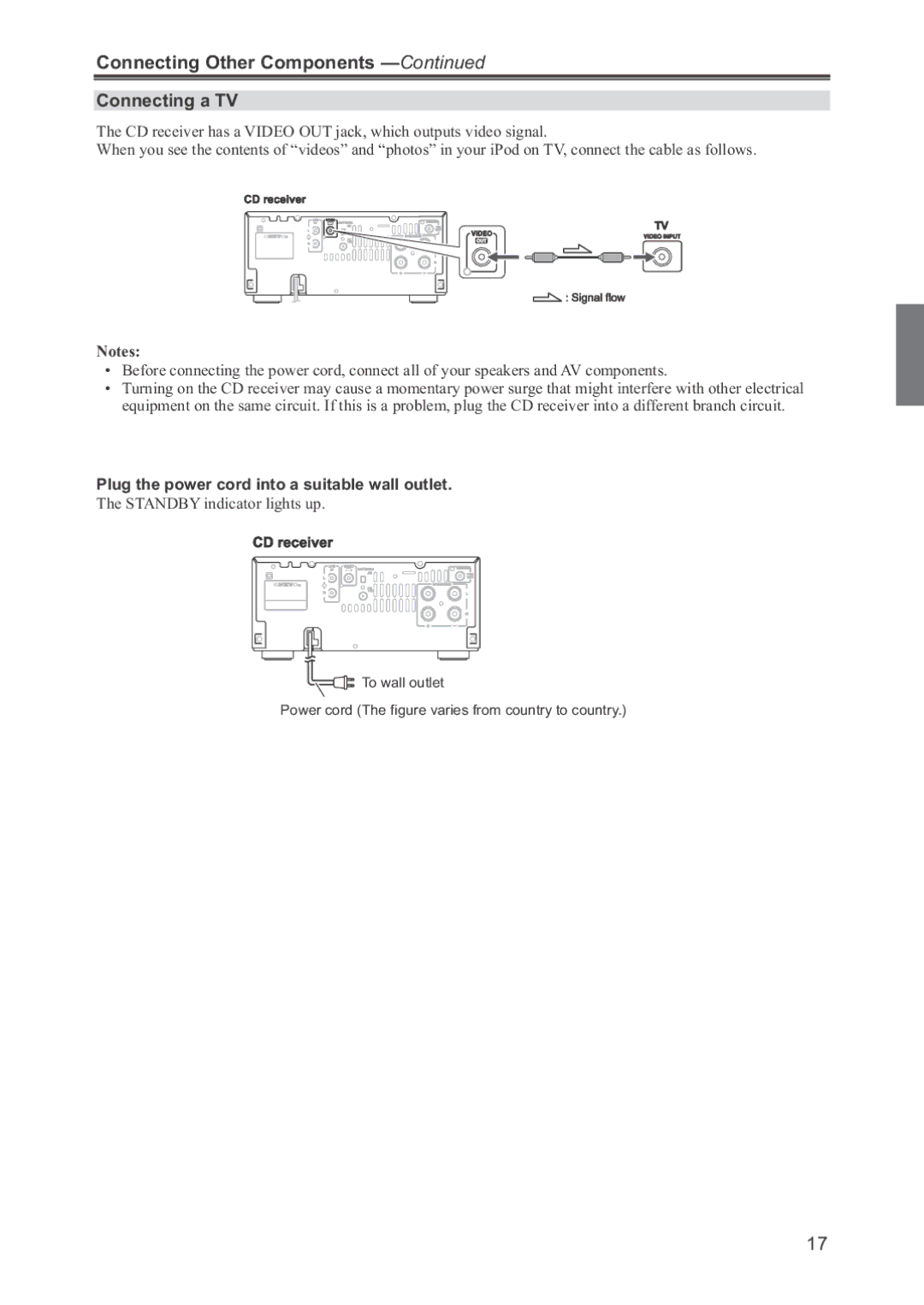 Onkyo CR-445 Connecting Other Components, Connecting a TV, Plug the power cord into a suitable wall outlet 