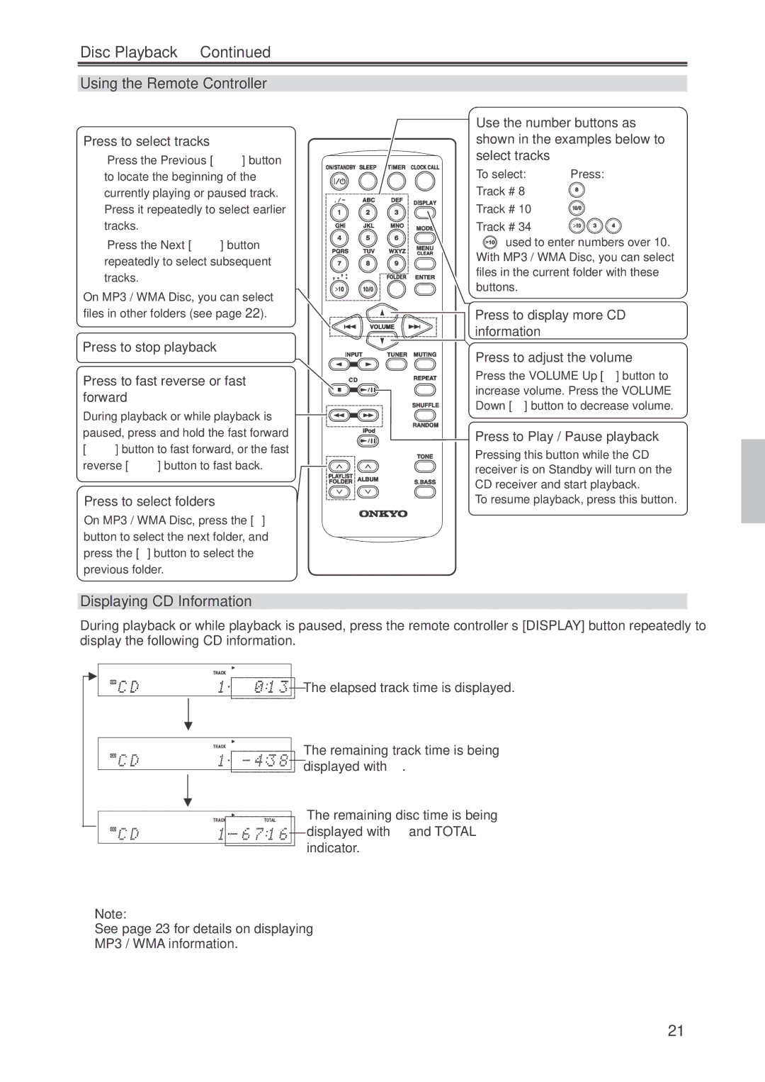 Onkyo CR-445 instruction manual Disc Playback, Displaying CD Information, Press to select tracks, Press to select folders 