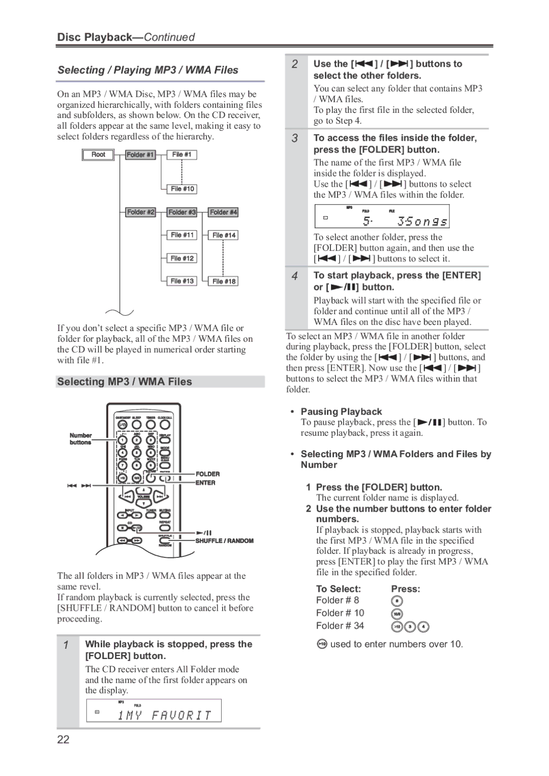 Onkyo CR-445 instruction manual Selecting / Playing MP3 / WMA Files, Selecting MP3 / WMA Files 