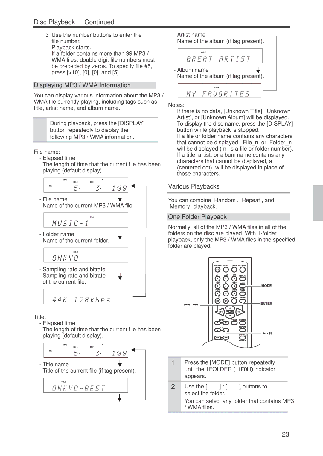 Onkyo CR-445 instruction manual Displaying MP3 / WMA Information, Various Playbacks, One Folder Playback 