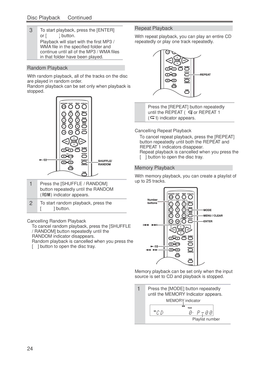 Onkyo CR-445 instruction manual Random Playback, Repeat Playback, Memory Playback 