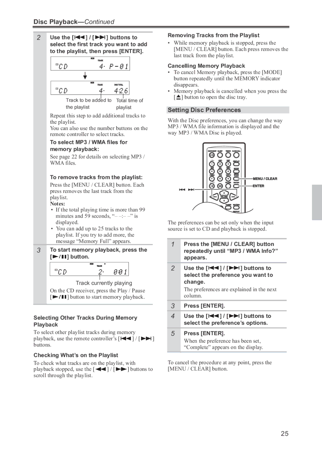 Onkyo CR-445 instruction manual Setting Disc Preferences 