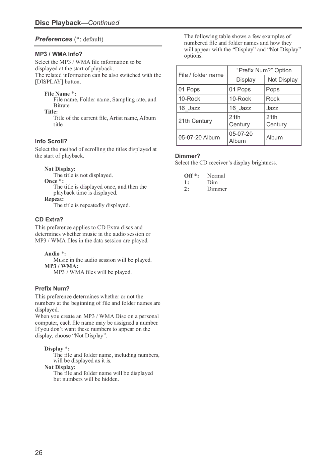 Onkyo CR-445 instruction manual Preferences * default 