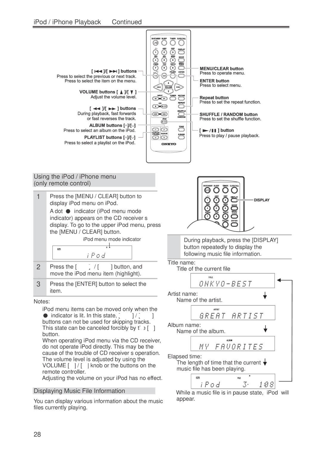 Onkyo CR-445 IPod / iPhone Playback, Using the iPod / iPhone menu only remote control, Displaying Music File Information 