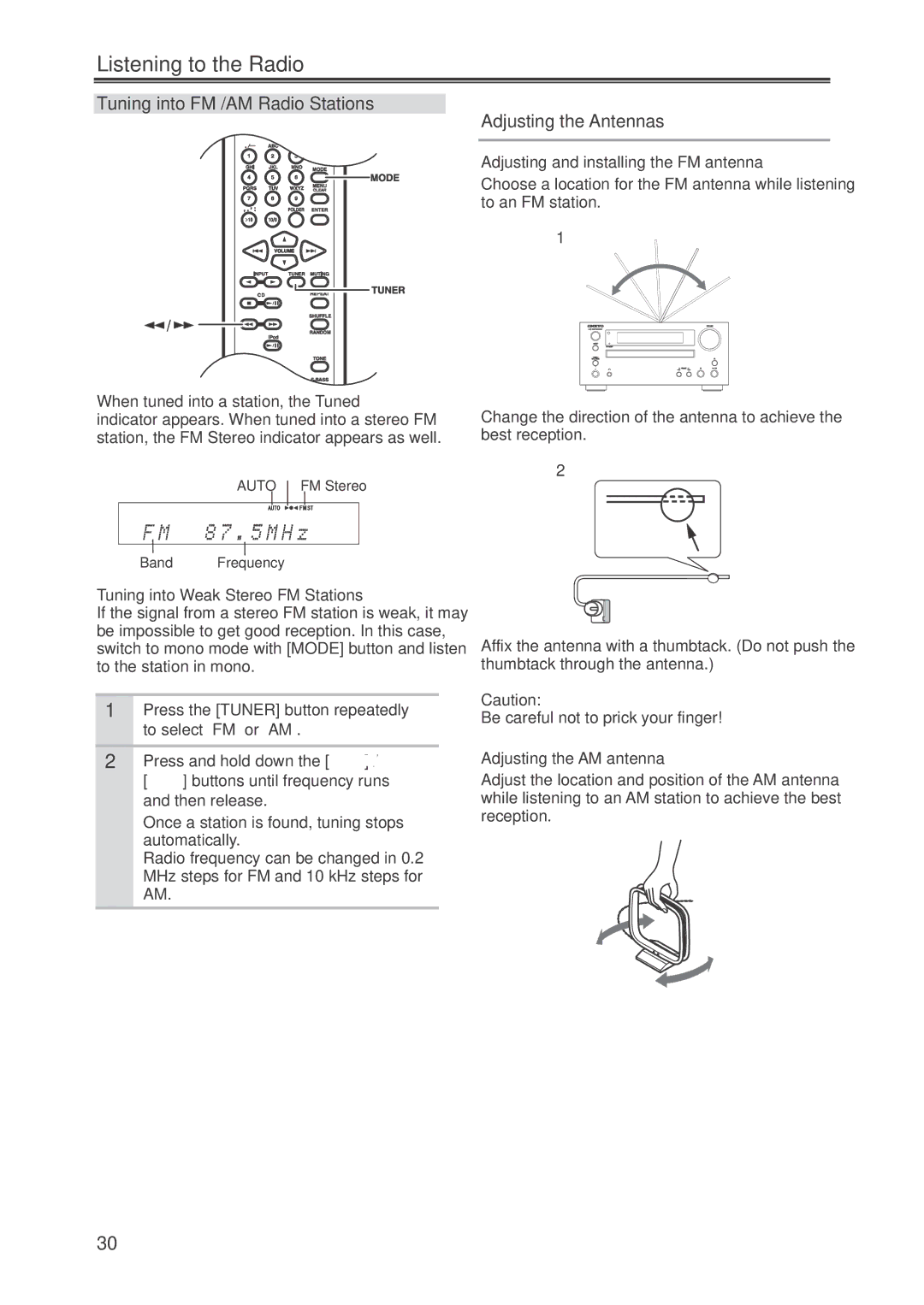 Onkyo CR-445 instruction manual Listening to the Radio, Tuning into FM /AM Radio Stations, Adjusting the Antennas 