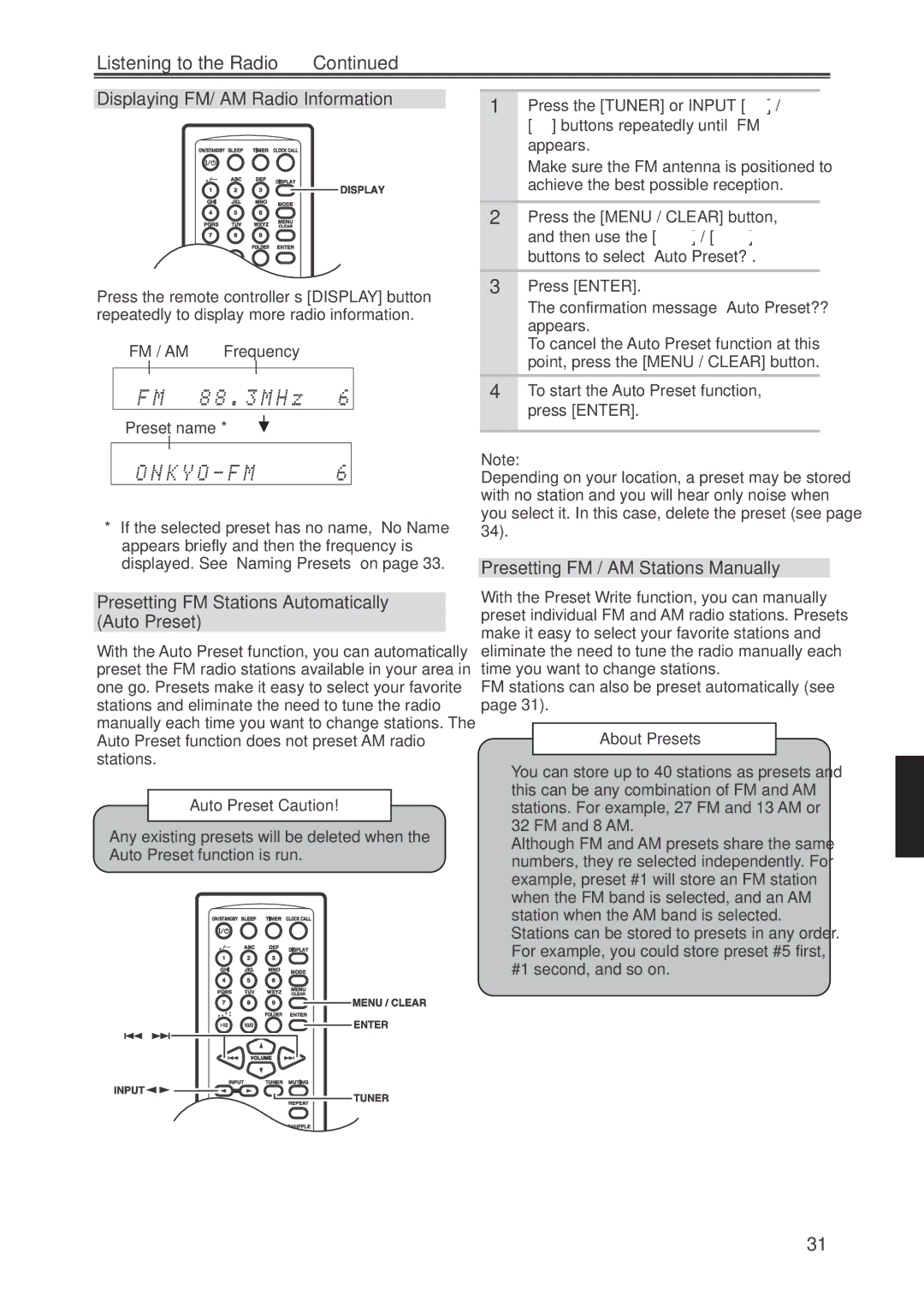 Onkyo CR-445 Listening to the Radio, Displaying FM/ AM Radio Information, Presetting FM Stations Automatically Auto Preset 