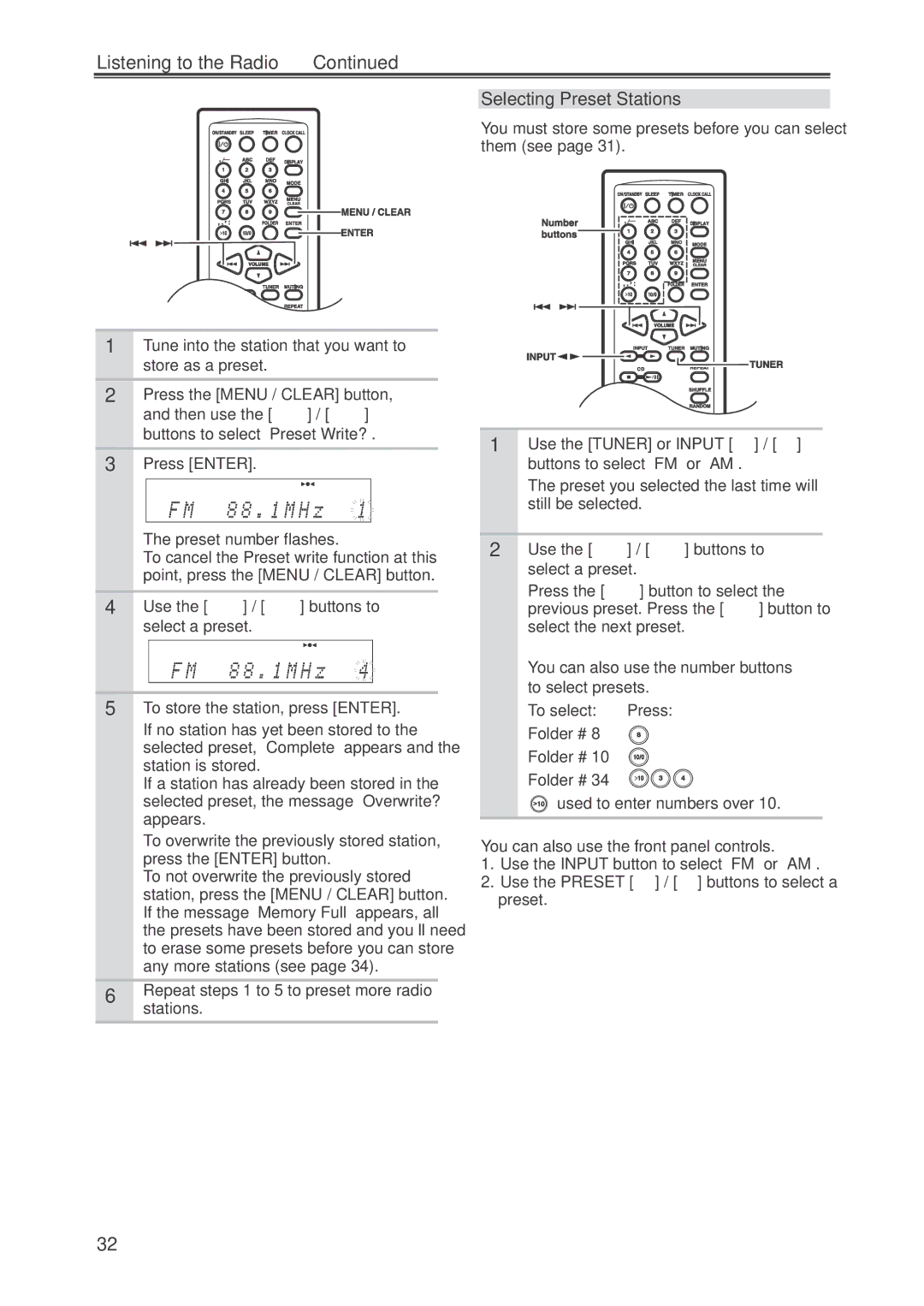 Onkyo CR-445 instruction manual Selecting Preset Stations, Use the Tuner or Input / buttons to select FM or AM 